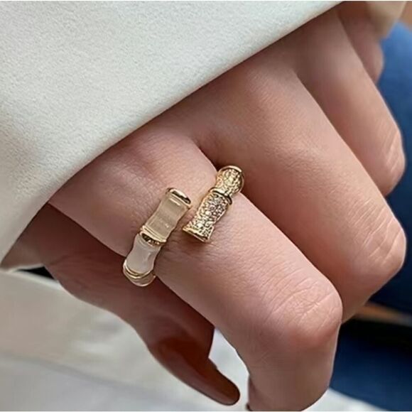 Bamboo Shape Gold Plated Ring Opal Gemstone Size 7 to 8 Adjustable - Picture 3 of 7